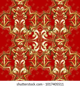 Golden seamless pattern on red and yellow colors with golden floral elements.
