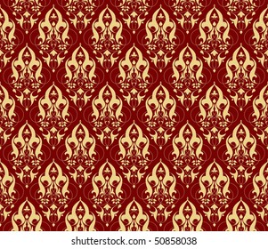 Golden seamless pattern on red background. Vector illustration.
