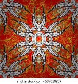 Golden seamless pattern on red background with white elements. Seamless vintage pattern on red background with whiteen elements. Christmas, snowflake, new year.