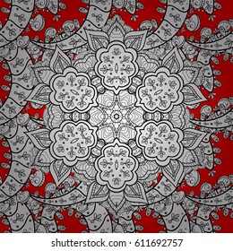 Golden seamless pattern on red background with white elements. Vector illustration.