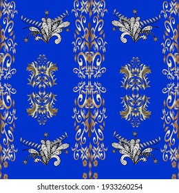Golden seamless pattern on white, beige and blue colors with golden elements. Seamless vintage pattern on white, beige and blue colors with golden elements. Christmas, snowflake, new year.
