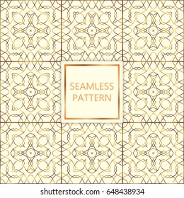 Golden seamless pattern on white background, islamic, oriental, eastern style.Template with mettalic decoration for lattice, packaging, fashion, textile. Vector illustration