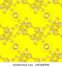 Golden seamless pattern on yellow, brown and neutral colors with golden elements. Seamless damask classic golden pattern. Vector illustration. Vector abstract background with repeating elements.