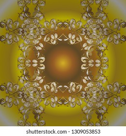Golden seamless pattern on yellow and brown colors with golden elements. Seamless damask classic golden pattern. Vector abstract background with repeating elements. Vector illustration.