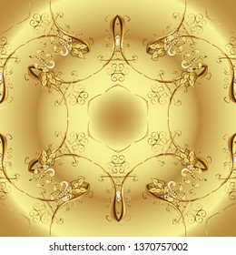 Golden seamless pattern on yellow and neutral colors with golden floral elements. For your design, wallpaper. Vector geometric background. Golden color seamless illustration.