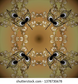 Golden seamless pattern on yellow and beige colors with golden floral elements. Vector geometric background. For your design, wallpaper. Golden color seamless illustration.