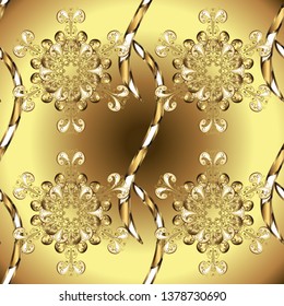Golden seamless pattern on yellow and brown colors with golden elements. Christmas, snowflake, new year. Seamless vintage pattern on yellow and brown colors with golden elements.