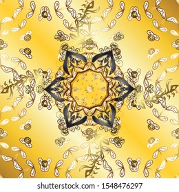 Golden seamless pattern on yellow and beige colors with golden floral elements. Vector geometric background. Golden color seamless illustration. For your design, wallpaper.