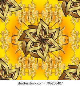 Golden seamless pattern on yellow, brown and gray colors with golden elements. Vector abstract background with repeating elements. Vector illustration. Seamless damask classic golden pattern.
