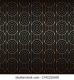 Golden seamless pattern with ovals and lines, black and gold colors, art deco style. Luxury decorative ornament. Vintage vector background, wallpaper. Golden geometric shapes, elegant retro texture