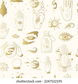 Golden seamless pattern with palmistry hands, all-see eyes, mystic jar and other esoteric symbols. Hand drawn vector illustration for textile, background, texture, wrapping paper, witchcraft and magic