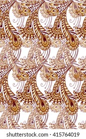 Golden seamless pattern with peacock feathers. Vintage seamless ornament in Golden colors. Decorative ornament backdrop for fabric, textile, wrapping paper.