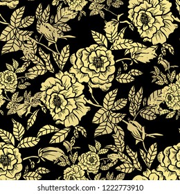 Golden seamless pattern with peony flowers, design elements. Floral  pattern for invitations, cards, print, gift wrap, manufacturing, textile, fabric, wallpapers