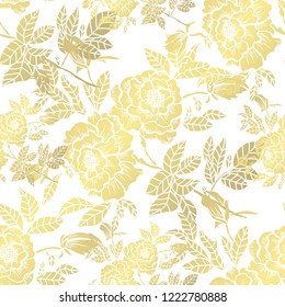 Golden seamless pattern with peony flowers, design elements. Floral  pattern for invitations, cards, print, gift wrap, manufacturing, textile, fabric, wallpapers