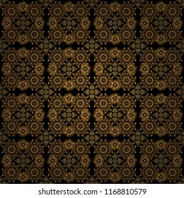 Golden seamless pattern for prints or digital. Abstract vector dynamic rippled surface, illusion of movement, curvature on a black background.