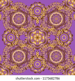 Golden seamless pattern for prints or digital. Abstract vector dynamic rippled surface, illusion of movement, curvature on a violet background.