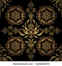 Golden seamless pattern for prints or digital. Abstract vector dynamic rippled surface, illusion of movement, curvature on a black background.
