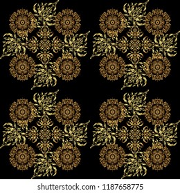 Golden seamless pattern for prints or digital. Abstract vector dynamic rippled surface, illusion of movement, curvature on a black background.