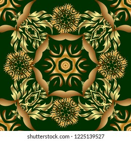 Golden seamless pattern for prints or digital. Abstract vector dynamic rippled surface, illusion of movement, curvature on a green background.