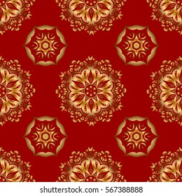 Golden seamless pattern for prints or digital. Abstract vector dynamic rippled surface, illusion of movement, curvature on a red background.