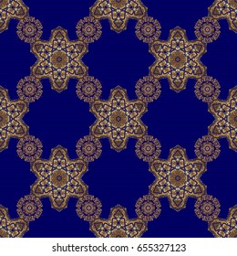 Golden seamless pattern for prints or digital. Abstract vector dynamic rippled surface, illusion of movement, curvature on a blue background.