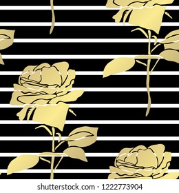 Golden seamless pattern with rose flowers, design elements. Floral  pattern for invitations, cards, print, gift wrap, manufacturing, textile, fabric, wallpapers