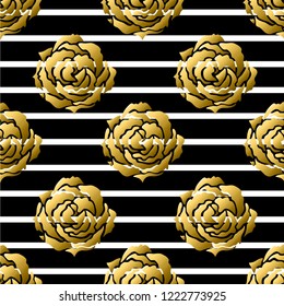 Golden seamless pattern with rose flowers, design elements. Floral  pattern for invitations, cards, print, gift wrap, manufacturing, textile, fabric, wallpapers