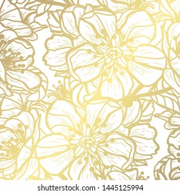Golden seamless pattern with sakura flowers, design elements. Floral  pattern for invitations, cards, print, gift wrap, manufacturing, textile, fabric, wallpapers