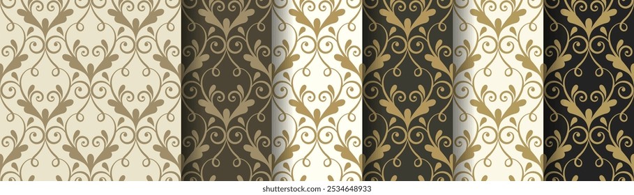 Golden seamless pattern, set of companion patterns on light and dark background with different shades of gold. Classic plant elements. Vintage retro style. Damask pattern. Vector illustration