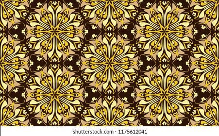 Golden seamless pattern, Six-sided elements. Cellular structure.