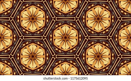 Golden seamless pattern, Six-sided elements. Cellular structure.