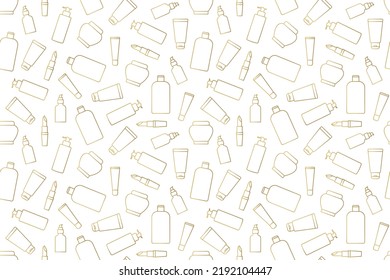golden seamless pattern with skin care, lipstick, cosmetics outline icons, great for wrapping, textile, wallpaper, greeting card- vector illustration 