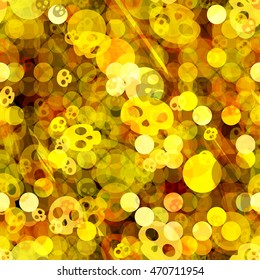 Golden seamless pattern with skulls. Circles as coins. Overlapping, transparent, overlay. Randomly mixed. Abstract seamless vector pattern for Halloween