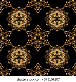 Golden seamless pattern. Vector luxury black background with golden elements. Black background. Glitter background.