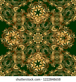 Golden seamless pattern. Vector sketch with gold ornament on a green background.