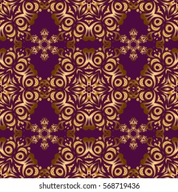 Golden seamless pattern. Vector sketch with gold ornament on a purple background.