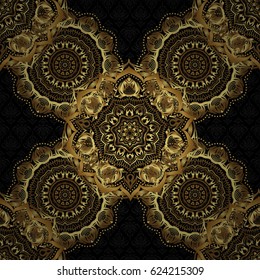 Golden seamless pattern. Vector sketch with gold ornament on a black background.
