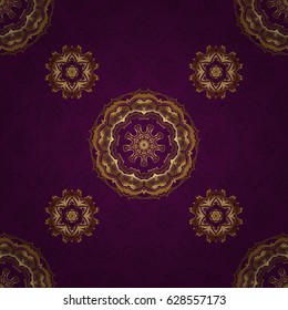 Golden seamless pattern. Vector sketch with gold ornament on a purple background.