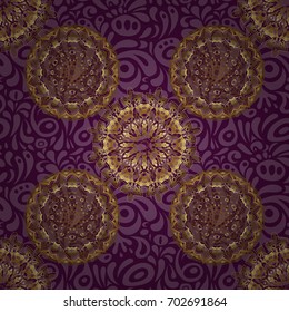Golden seamless pattern. Vector sketch with gold ornament on a purple background.