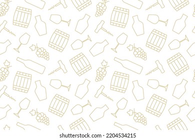 golden seamless pattern with wine related icons: grapes, barrel, goblet, decanter, glass, corkscrew, , great for wrapping, textile, wallpaper, greeting card- vector illustration