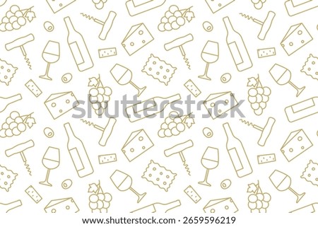 golden seamless pattern with wine related icons: grapes, goblet, bottle, glass, corkscrew, cork, olive, cheese, crackers; great for wrapping, textile, wallpaper, greeting card- vector illustration