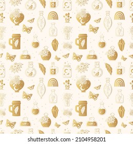 Golden Seamless Pattern With Witchcraft Potions, Celestial  Jugs, Butterflies And Mystical Flowers. Hand Drawn Vector Witchy Background For Wrapping Paper Or Textile.