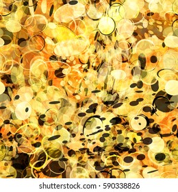 Golden seamless texture. Black, brown, yellow and white ovals. Shiny elements. Abstract vector background for fabric, wrapping paper, home decor. Watercolor effect