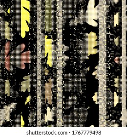 Textura sin costura dorada con puntos, rayas y hojas. Resumen de fondo vectorial para página web, fondo de banners, tela, decoración doméstica, envoltura