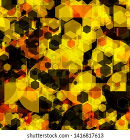 Golden seamless texture with geometric. Round elements, hexagons mix random. Abstract vector background for web page, banners backdrop, fabric, home decor, wrapping