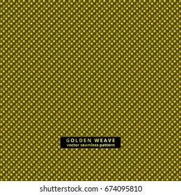Golden seamless uniform weave. Vector realistic fabric with diagonal repeated pattern of glossy yellow threads. Useful for interior design, covering of fashionable clothes and gift packaging prints.
