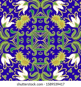 Golden seamless vector ornament with bellflowers, Campanula,  art deco style, on blue background 