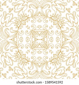 Golden seamless vector ornament with bellflowers, Campanula,  art deco style 