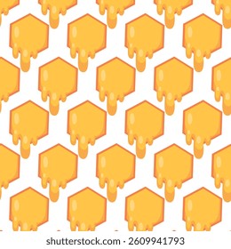 Golden seamless vector pattern with honeycombs and dripping honey. Perfect for packaging, branding, fabric, and sweet-themed designs. Modern and vibrant style, ideal for creative projects