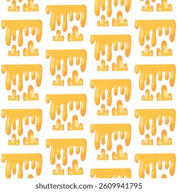 Golden seamless vector pattern with honeycombs and dripping honey. Perfect for packaging, branding, fabric, and sweet-themed designs. Modern and vibrant style, ideal for creative projects